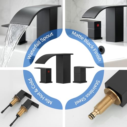 RUMOSE Bathroom Faucets Black Bathroom Sink Faucet 3 Hole with Drain | 8 inch Widespread 2 Handles Lavatory Vanity Faucet Set, Waterfall Spout, Deck Mounted, Pop Up Drain, Stainless Steel - color: Matte Black