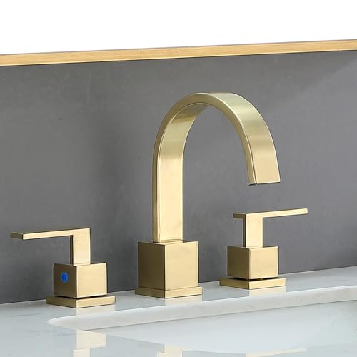Gold Bathroom Faucet, Brushed Gold Faucets Bathroom 3 Hole 8inch Widespread Waterfall 2 Handle Brass Faucets Bath Sink Vanity Faucet with Pop Up Drain and Supply Lines - color: Gold