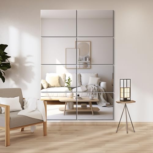 Frameless Mirror Tiles 16"x12"x8 Pcs Wall Mounted | Shatter Resistant, Full Length, Tempered Glass Panels, For Home Gym Bathroom Bedroom & Living Room Decor - size: 16''x12''-8PCS