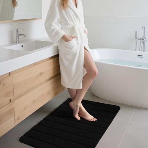 Luxury Long Bathroom Rugs Runner 24x48 Inch Bath Rug Non Slip, Black | Thick Soft and Absorbent Microfiber Bath Mat, Rubber Backing Striped Rug Carpets, Machine Washable Plush Mats - color: Black, size: 24" X 48"