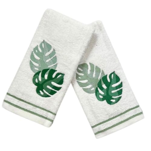 Serafina Home Coastal Tropical Palm Leaves Embroidered Bath Hand Fingertip Towels, Green on Ivory, 100% Cotton, Set of 2, 12 x 18 inches - color: Monstera
