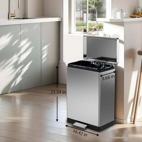 SIMPLYKLEEN 40 Liter / 10.5 Gallon Kitchen Trash Can with Lid, Large Step Garbage Can, Soft-Close Trash Bin for Bathroom Office, Brushed Stainless Steel - color: Silver, size: 40L Rectangle 1PC
