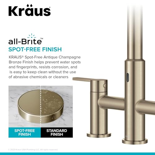 KRAUS Oletto Touchless Sensor Bridge Kitchen Faucet with Pull-Down Sprayhead in Spot-Free Antique Champagne Bronze, KSF-3122SFACB - color: Spot Free Antique Champagne Bronze, style: Bridge Touchless Faucet
