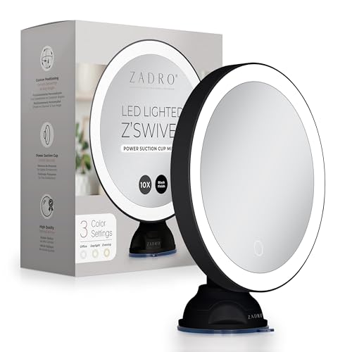 Zadro Zado 8.25-Inch x 6.9-Inch Round LED Lighted Wall Mounted Suction Cup Makeup Mirror with 10X Magnification and Touch Controls (Black) - color: Black