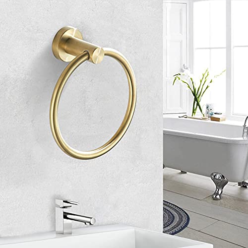 BATHSIR Brushed Gold Toilet Paper Holder & Hand Towel Holder Wall Mount 2 Pieces, Double Post Pivoting Round Modern Bathroom Hardware Towel Ring Toilet Tissue Holder, Bathroom Accessories Set - color: Gold 1