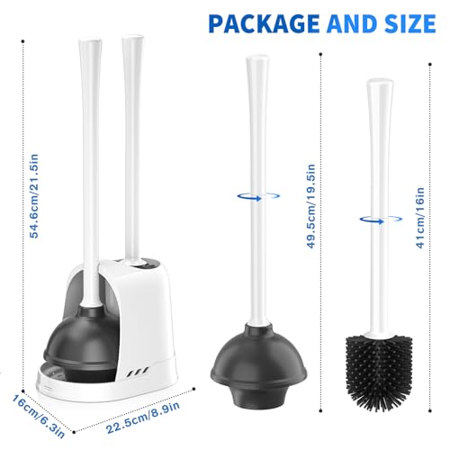 Toilet Plunger and Brush, Silicone Bowl Brush and Heavy Duty Toilet Plunger Set with Ventilated Holder, 2-in-1 Toilet Brush and Plunger Combo for 5.3-inch Bathroom Cleaning (White, 1 Set) - color: White