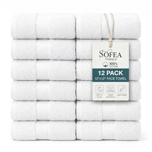 Sofea 100% Cotton Washcloths Set of 12, (12 x 12 Inch) 520 GSM Wash Cloths, Extra Soft Absorbent Quick Dry Face Towels - color: White