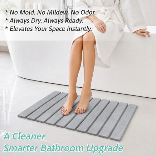 Foldable Stone Bath Mat, Diatomaceous Earth Non-Slip Shower Mat, Super Absorbent Quick Dry Bathroom Floor Mat, Compact for Small Bathrooms, 23.6 x 15.4 Inch, Grey