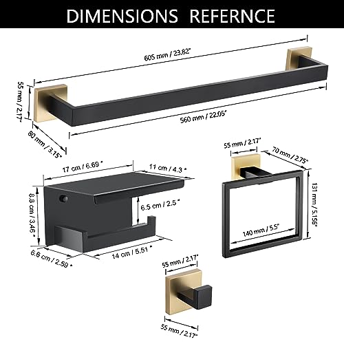 5 Pieces Bathroom Hardware Set Black and Gold Towel Bar Set, Toilet Paper Holder with Shelf, Towel Holder Set in Bathroom, Wall Mounted Stainless Steel, 23.6 Inches - color: Black and Gold
