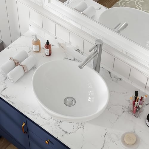 MEJE 16x13-Inch Oval White Ceramic Vessel Sink,Modern Egg Shape Bowl, Above Counter Bathroom Vanity Sink - color: Oval -White