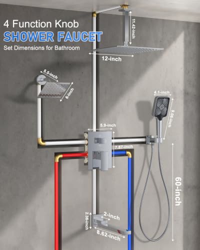 Woindo 4 Function Shower Faucet Set 12" Rain Shower Head/6'' Side Shower Head and 3 Setting Handheld Ceiling Mount Push Button Diverter Complete Rainfall Round Shower System Included Valve Trim Kit - color: Chrome Polished, style: 4-Function-Ceiling