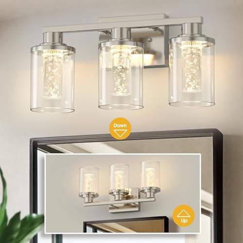 L LOHAS LED 3-Light Bathroom Vanity Light, Nickel, 5CCT, Remote Control | 5CCT Dimmable Acrylic Bathroom Light Fixtures with Clear Glass Shades and Remote Control