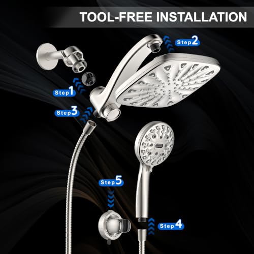 Dual Rainfall Shower Head With Handheld Showerhead, High Pressure Shower Head With Handheld Spray Combo, 8-Mode Showerhead with Adjustable Extension Arm, 71 Inch Hose & Suction Cup Holder, Starlight - color: Starlight