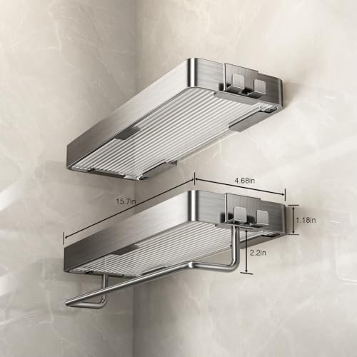 Stainless Steel Wall Mounted Bathroom Shelves - 2-Tier Floating Shelf with Removable Hooks (Brushed Nickel) - color: Brushed Nickel(rectangular)
