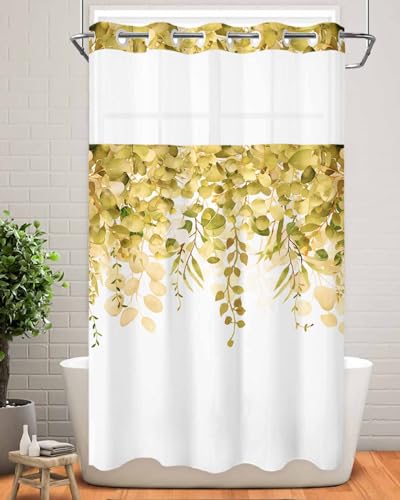 No Hook Shower Curtain and Snap in Liner Set, Yellow Eucalyptus Fabric Bathroom Stall Shower Curtains 36x72, See Through Mesh Top Window, Spring Summer Botanical Floral Leaves Country Hotel Style - color: Yellow, size: 36"W x 72"L (Pack of 1)