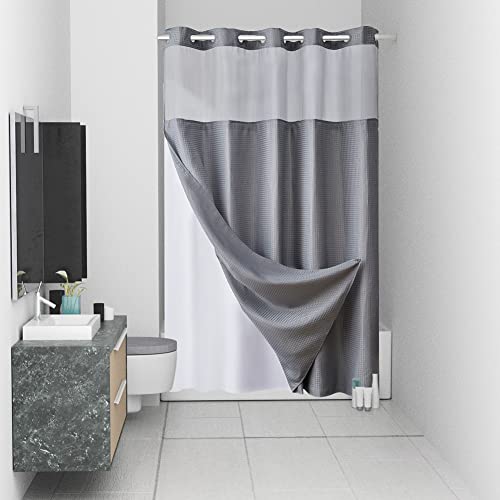 Furlinic Stall Size No Hook Shower Curtain with Snap in Liner,Waffle Weave Heavy Duty Fabric Bathroom Curtains with See Through Top Window,Waterproof & Machine Washable,Grey,36x72 Inch - color: Grey, size: 36"W x 72"L (Pack of 1)