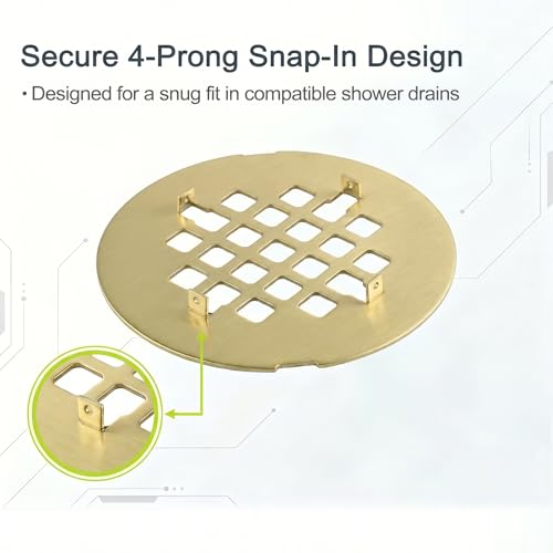 Shower Drain Cover Snap-in Hair Catcher - Brushed Gold 2 Pack | Stainless steel, 4-1/4" OD round, Fits 2-7/8" spacing, Easy install no tools, Warm gold, modern bathroom drain strainer grid. - color: Brushed Gold