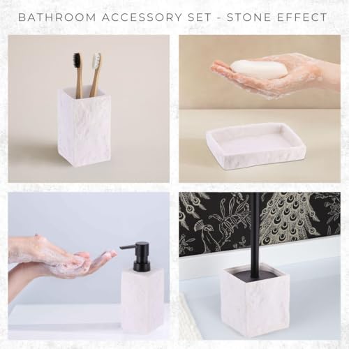 Collection Stone Effect Bath Accessory Set-4 Pieces, Resin, White | Soap Dispenser, Tumbler, and Toilet Brush Holder, Contemporary, Durable Construction, Bathroom Accessories Set, Easy to Clean - size: White