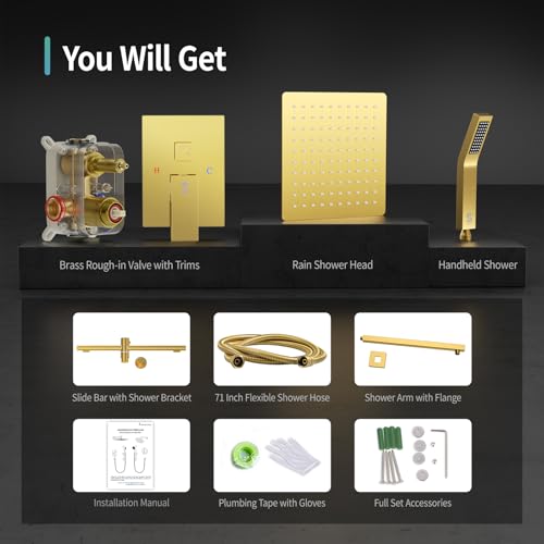 SR SUN RISE 12 Inch Square Shower System with Slide Bar,Brushed Gold | Rain Head and Handle System,16" Adjustable Shower Slide Bar,Soild Brass,Wall Mount,Included Valve and Trim Kit - color: Brushed Gold, size: 12 Inch