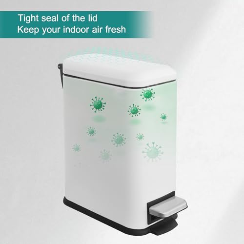 Bathroom Trash Can, Small Trash Can with Lid, White Garbage Gan | 1.3 Gal Trash Can, Stainless Steel, Small Garbage Can with Soft-Close Lid, Removable Inner Bucket, Slim Trashcan for Bathroom - color: White