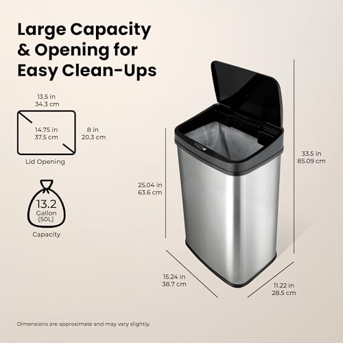 Ninestars 13 Gallon Automatic Trash Can, 50L Touchless Motion Sensor Garbage Can with Odor-Sealing Lid, Rectangular Stainless Steel, Black Trim - color: Black Trim