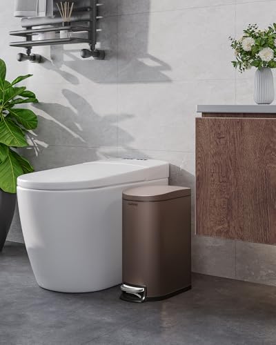 2.6 Gal / 10 L Metal Bathroom Trash Can with Lid, Slim Step-On Garbage Can with Soft Close Lid, Stainless Steel Waterproof Trash Bin for Bedroom with Inner Bucket, Rear Handle, Brown - color: Brown