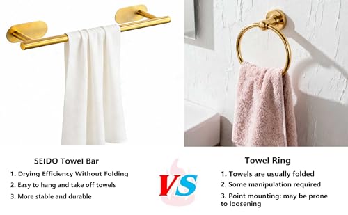 SEIDO Adhesive Towel Bar, 16 Inch Gold Towel Bar for Bathroom, Stainless Steel Towel Racks for Bathroom, No Drilling Needed, Brushed Gold