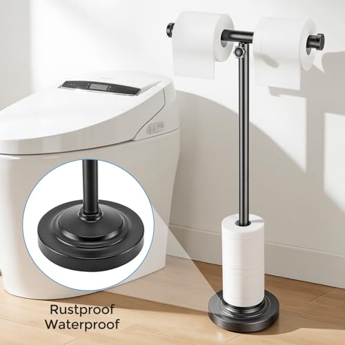 28" H Pivoting Toilet Paper Holder, 3.5lbs Extra-Weighted Base, No Tipping Rustproof, Taller Version, Free Standing Bathroom Floor Tissue Stand with Storage for up to 8 Rolls, Matte Black