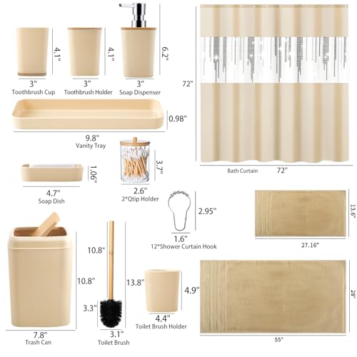 Beige Bathroom Accessories Set with Sequin Shower Curtain Beige Bathroom Decor with Trash Can,Toothbrush Holder, Toothbrush Cup,Soap Dispenser, Tray, Soap Dish,Toilet Brush - size: Bath Set+Shower Curtain+Towel Set, style: Beige