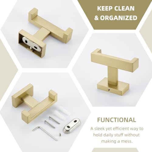 Angle Simple Double Towel Hook Brushed Gold, Bathroom Robe Holder for Wall | SUS304 Stainless Steel, Heavy Duty Dual Coat Hook, Hand Towel Hanger Screw Wall Mount - color: Brushed Gold, size: 1 Pack