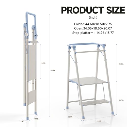 Foldable Toddler Tower, 2-in-1 Alloy Steel Kids Kitchen Step Stool & Adult 2-Step Ladder, Folding Kitchen Tower with Removable Safety Rail, Anti-Slip Steps for Kitchen & Bathroom - color: Soft Blue & Ivory
