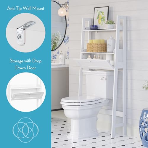 RiverRidge Amery Over the Toilet Spacesaver Storage Shelf, White | Ladder Shelf Design, Bathroom Medicine Cabinet with Drop-Down Door for Hidden Storage, Linen and Toiletries Cabinet Organizer