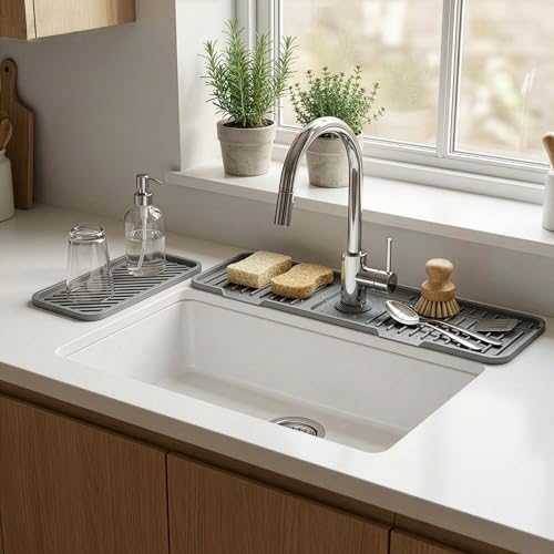 2-in-1 Silicone Kitchen Sink Organizer Draining Mat, 17.7 Inch | 7-degree sloped base, foldable, integrated storage tray, includes bonus 9.25x3.74 inch drainage tray, BPA-free