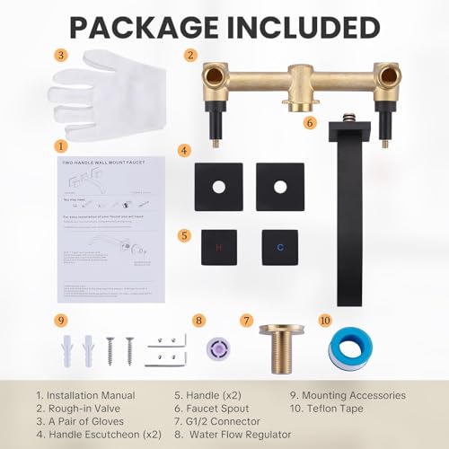 ALEASHA Wall-Mounted Bathroom Sink Faucet, Matte Black Bathroom Faucet | Waterfall Bathroom Faucet with Two Handles, Brass Bathroom Sink Faucet, Wall-Mounted Washroom Faucets and Rough-in Valve - color: Matte Black