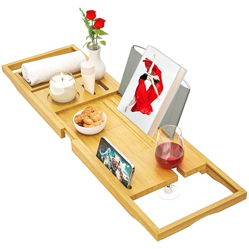 Banlilu Premium Natural Bamboo Expandable Bathtub Tray Caddy, Luxury Spa-Like Experience, Adjustable, Sturdy, Non-Slip, Foldable - color: Premium Natural