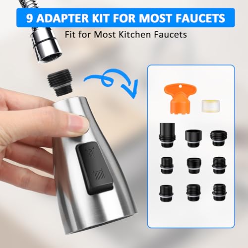 MILD EAST Kitchen Faucet Head Replacement, Premium 3-Function Pull Down Spray Head with 9 Universal Adapters, Sink Faucet Head compatible with Moen, American Standard Faucets, Brushed Nickel