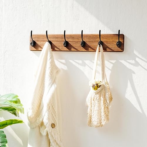Wall Mounted Coat Rack: 24" Long, Patented, Heavy-Duty, 6-Double-Hooks Wooden Hanger Rail for Winter Coats, Hat, Jacket, Clothing - Natural & Black, Pack of 2 - color: Natural & Black, size: L=24"(2pcs)