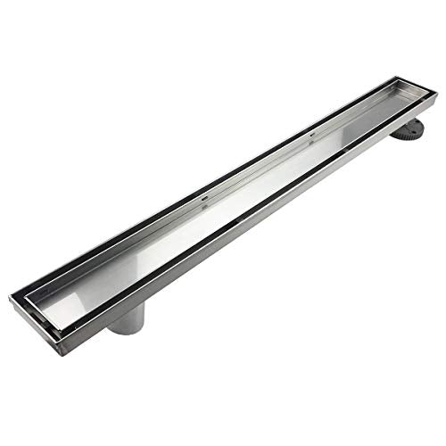 Neodrain 24-Inch Offset Linear Shower Drain with Tile Insert Grate Cover, Brushed 304 Stainless Steel Rectangle Side Outlet Shower Floor Drain, Adjustable Leveling Foot, Hair Strainer/Catcher | 304 Stainless Steel Rectangle Side Outlet Shower Floor Drain,