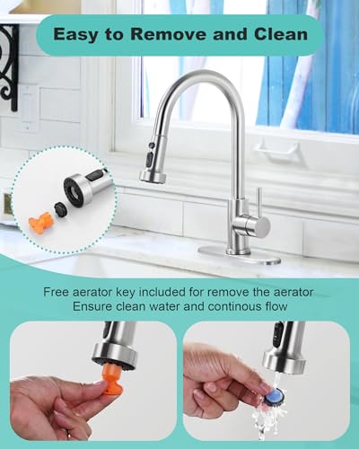 Pull Down Faucet Head Replacement: 3-Function Kitchen Faucet Sprayer Head Replacement with 9 Adapters - Brushed Nickel Sink Faucet Head Compatible with Moen, Delta, American Standard Faucets - color: Brushed Nickel