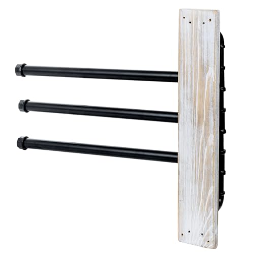 MyGift Swivel Towel Rack, Wall Mounted Towel Holder with 3 Tier Industrial Metal Pipe Towel Bars, Wooden Base Rustproof Swing Out Towel Hanger for Bathroom, Kitchen, Pool (White) - color: Whitewashed / Black