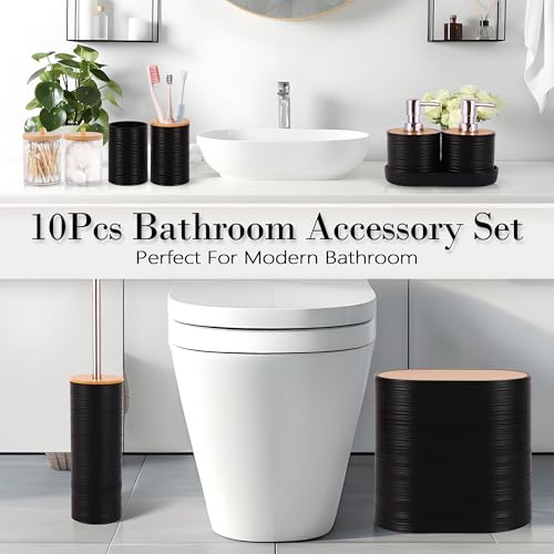 10 PCS Black Bathroom Accessories Set with Trash Can Bathroom Accessory | All-in-One Kit with Trash Can,Toothbrush Holder,Soap Dispenser,Toothbrush Cup,Vanity Tray,Soap Dish,Toilet Brush etc for Home - color: Black