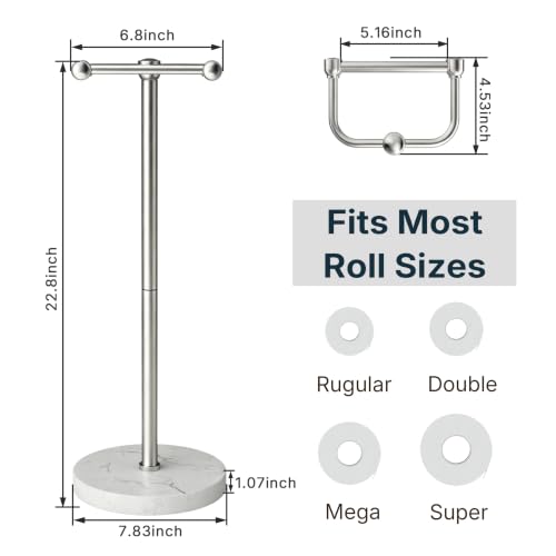RARXTR Toilet Paper Holder Stand, Bathroom Free Standing Toilet Paper Stand with Modern Marble Base, Post Pivoting Toilet Paper Stand with Stainless Steel Tissue Rack, Rust-Proof (Brushed Nickel) - color: Brushed Nickel, size: With Marble Base