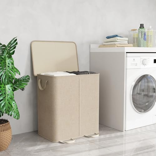 Lifewit Double Laundry Hamper with Lid and Removable Laundry Bags, Large Collapsible 2 Dividers Dirty Clothes Basket with Handles for Bedroom Laundry Room Closet Bathroom College, 155L Beige - color: Beige, size: 155L