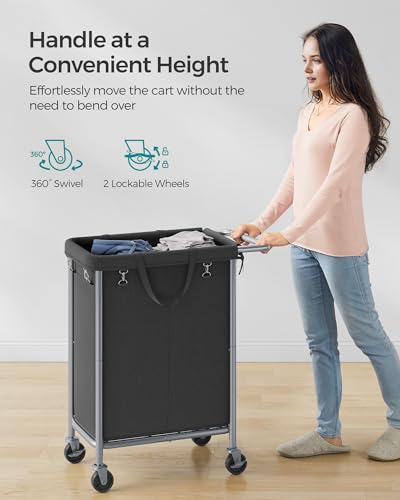 SONGMICS Laundry Basket with Wheels, 2-Section Rolling Laundry Hamper, 37 Gallons (140 L), Removable Liner, Steel Frame with Handle, 27.2 x 15.4 x 31.9 Inches, Ink Black URLS004B01 - color: Ink Black, size: 140 L (2-Section)