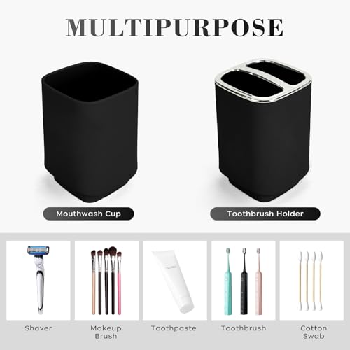 4Pcs Black Bathroom Set, Square Boho Soap & Toothbrush Holder Set | Thick shatterproof ABS, electroplated rust-proof pump, drip-free, multi-slot holder, dustproof lids, easy-clean - color: Black, size: 4PCS