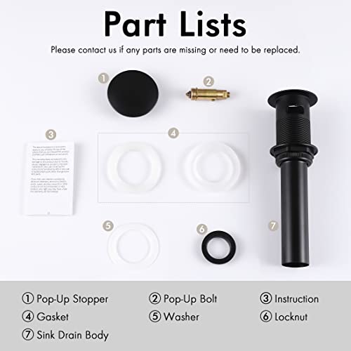 KES Bathroom Sink Drain with Overflow, Pop Up Drain Sink Stopper Matte Black, All Metal Brass and SUS304 Stainless Steel, S2008S62A-BK - color: Matte Black, style: With Overflow (Normal Cap)