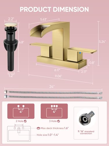 Cobbe Waterfall Bathroom Faucets 3 Hole, Brushed Gold Bathroom Sink Faucet Square 4 Inch Centerset with Pop-Up Drain, 2 Handle and 2 Supply Hoses, Lead-Free Stainless Steel for Vanity Sink Rv - color: Gold, size: 4 Inch Centerset