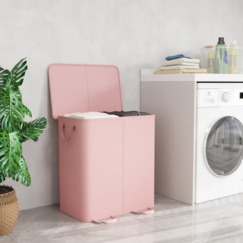 Lifewit Double Laundry Hamper with Lid and Removable Laundry Bags, Large Collapsible 2 Dividers Dirty Clothes Basket with Handles for Bedroom Laundry Room Closet Bathroom College, 155L Pink - color: Pink, size: 155L