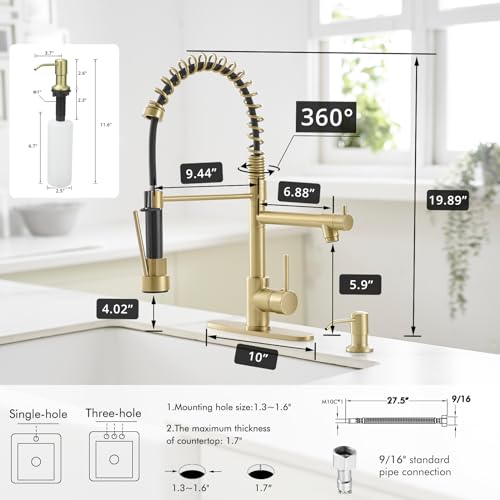 AIMADI Gold Kitchen Faucet with Soap Dispenser,Commercial Single Handle | pull down Kitchen Faucets with Sprayer,Brushed Gold,for 1-hole or 3-hole sinks,Farmhouse RV Laundry - color: Brushed Gold, style: with Soap Dispenser
