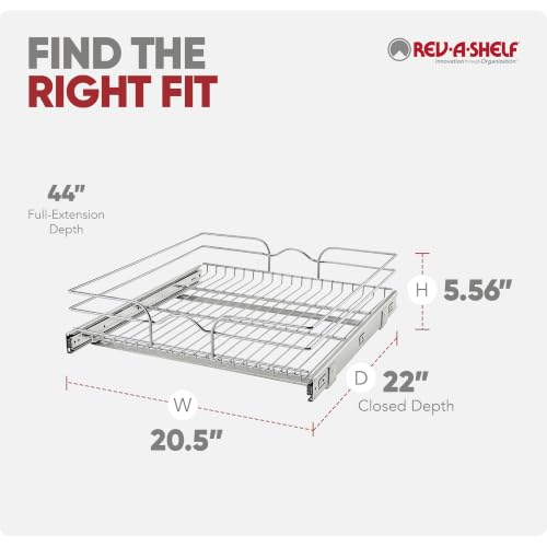 Rev-A-Shelf Steel Wire Pullout Drawer Organizer Shelf for Kitchen Cabinets, Slide Out Storage Basket, Min Opening Width of 20.5", 21" x 22", 5WB1-2122CR-1 - size: 21" W x 22"D, style: Single Tier